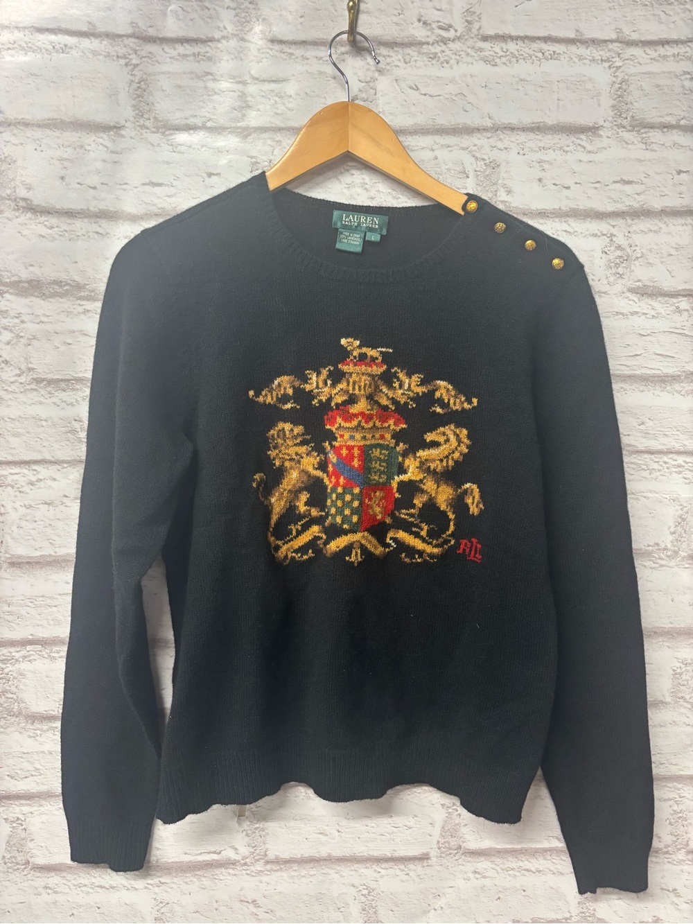Lauren Ralph Lauren Wool Sweater Coat of Arms Crest Black size Large Preppy EUC - Picture 4 of 5